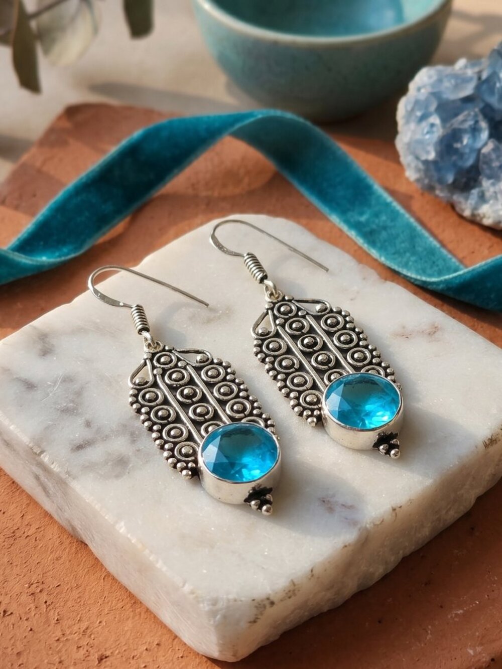 925 Sterling Silver Blue Topaz Drop Earrings Bohemian Oxidized Artisan 2"